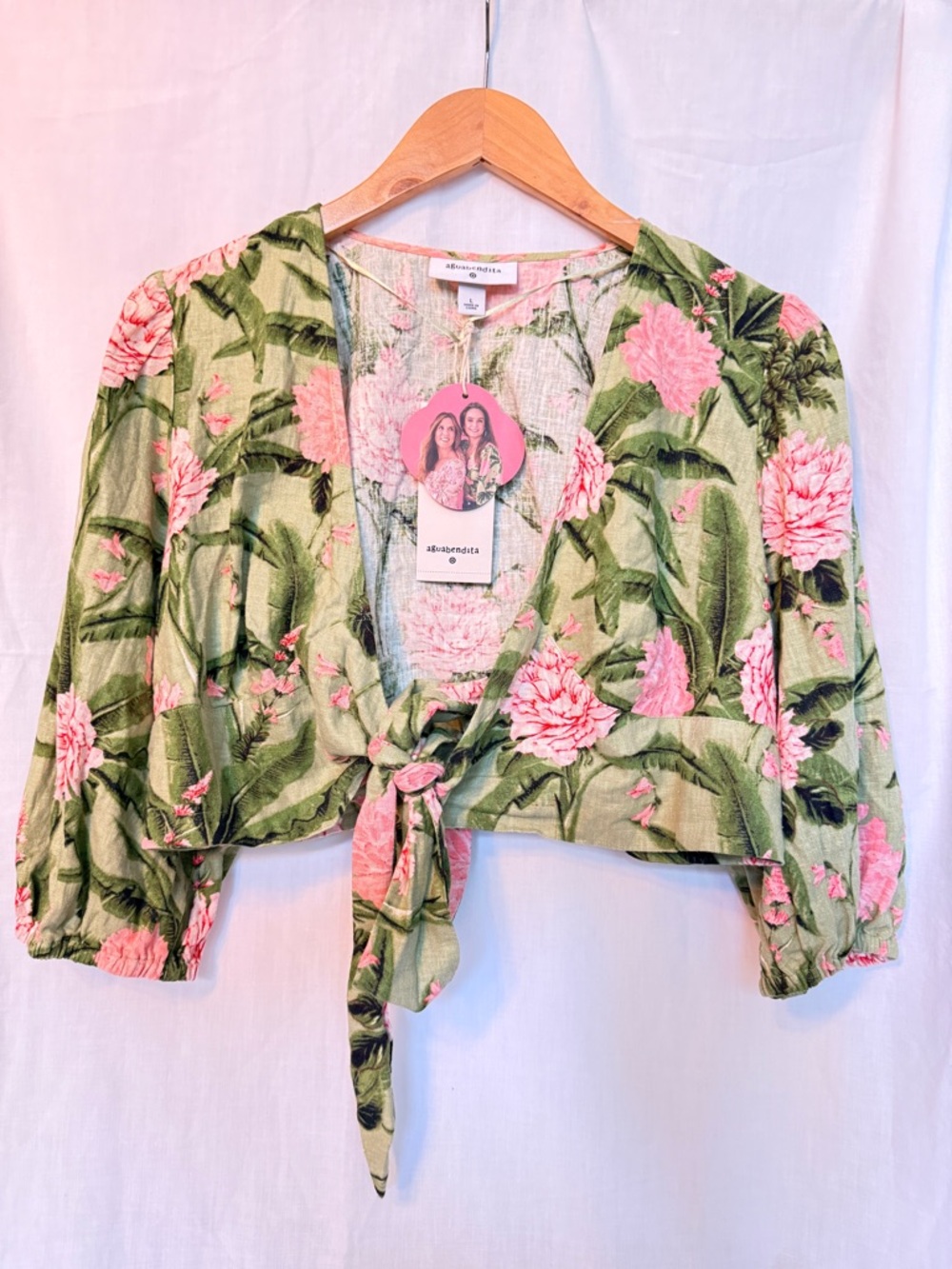 Agua Bendita Pink Floral Tie-Front Crop Top on Green